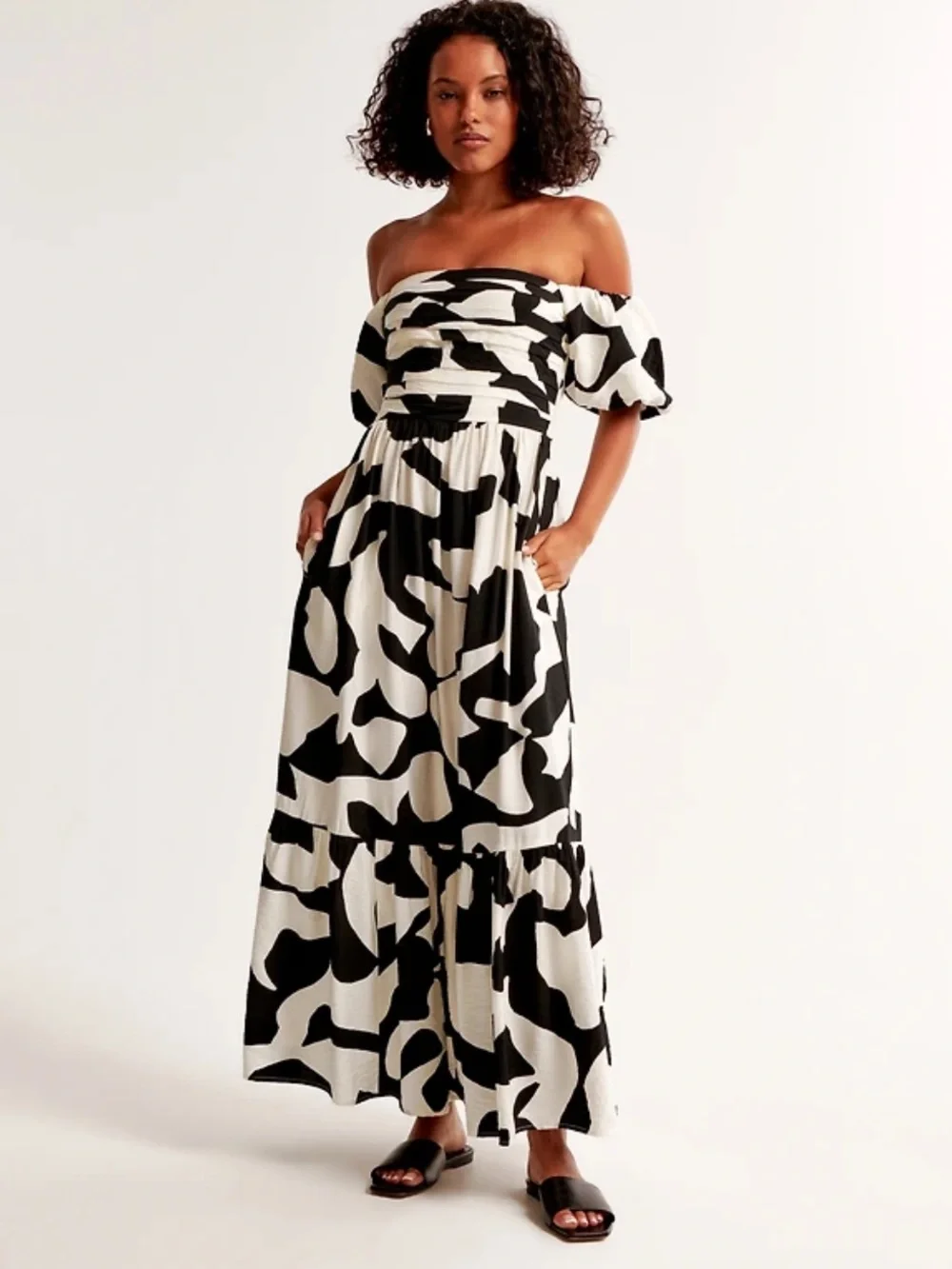 Abercrombie & Fitch, Emerson Black and White Ruched Off-Shoulder Maxi Dress